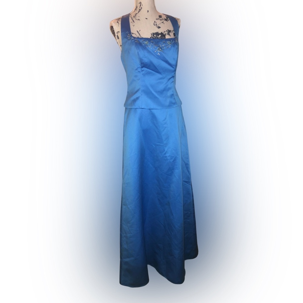 NWT Periwinkle Blue Satin Halter Top Evening Gown with A-line skirt